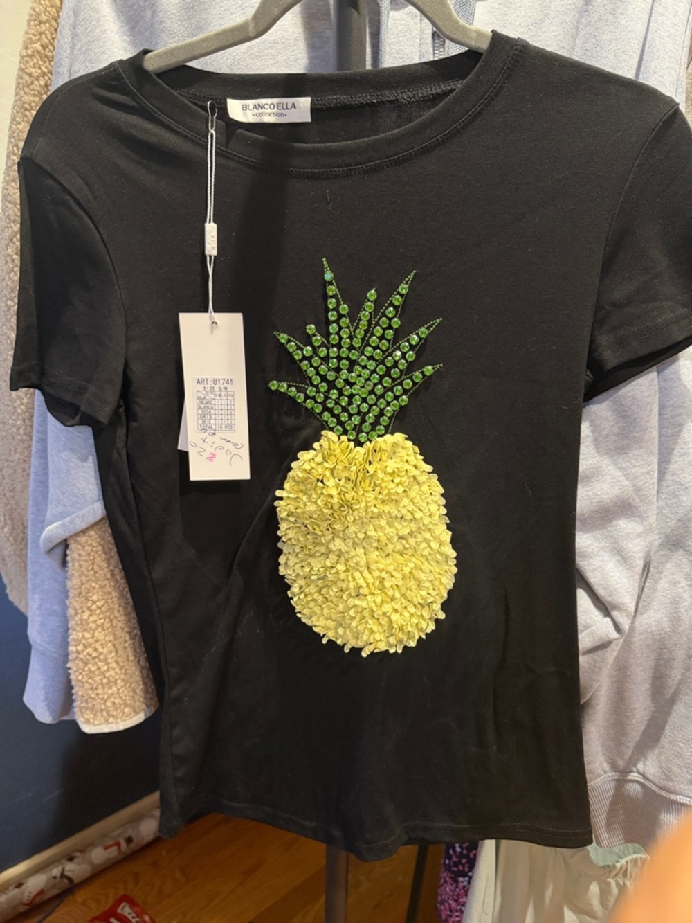 Blanccela Black Pineapple Embellished Tee